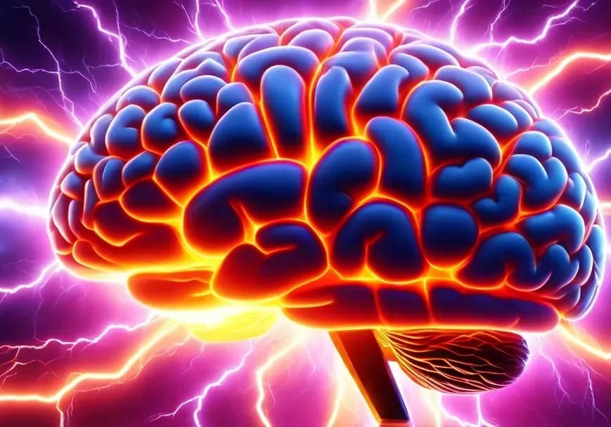 A picture of an image of a brain with purple and yellow lighting.